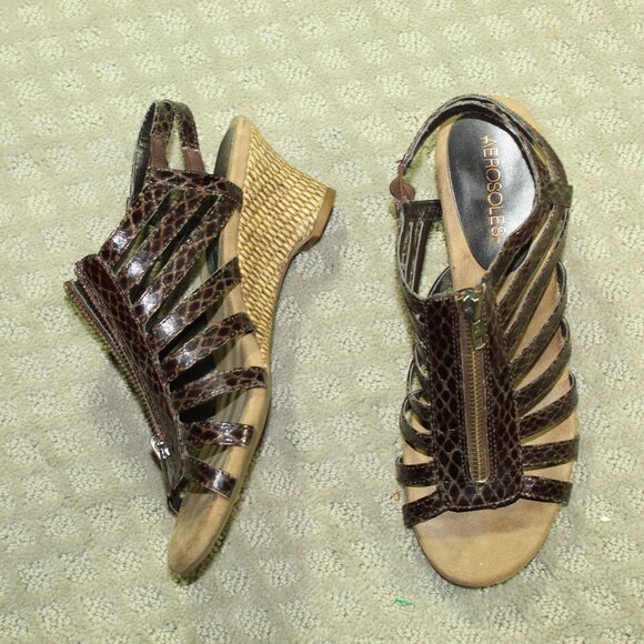 Aerosoles Women's 8 Brown Black Strappy Snakeskin Patent Print 2.5" Wedge Heels - Picture 1 of 7
